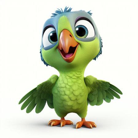 3d rendered illustration of a funny cartoon parrot with green wingsの素材