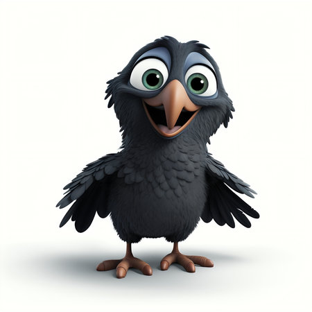 3d rendered illustration of a black crow cartoon character with wings spreadの素材
