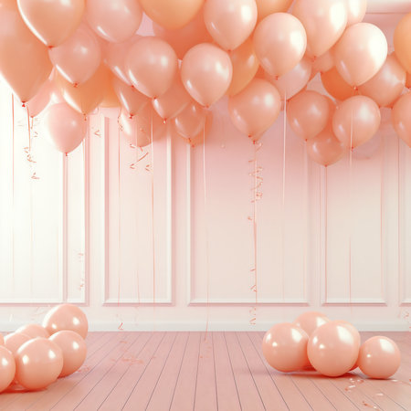 Pink balloons in white room with wooden floor. 3D rendering.の素材