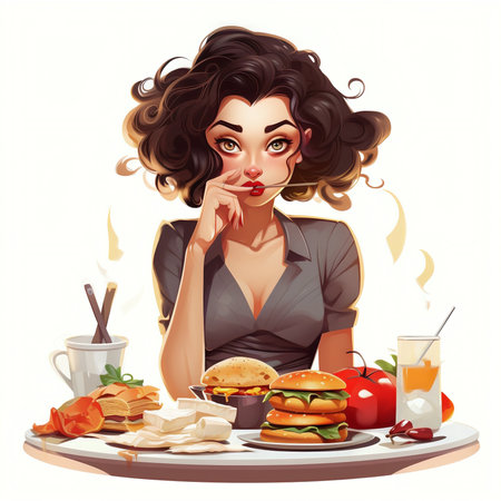 Beautiful young woman eating hamburger. Vector illustration of a girl with curly hair.の素材