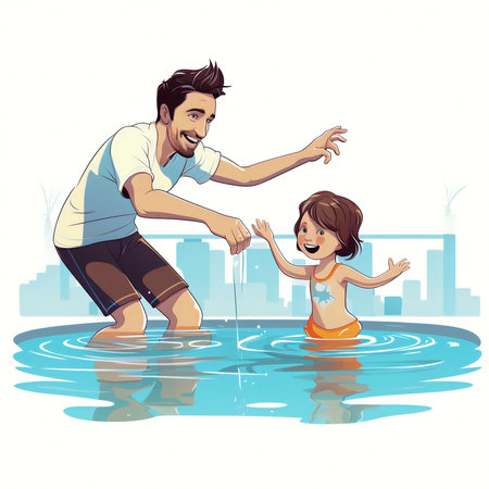 Father and daughter playing in the water in the city. Vector illustration.の素材
