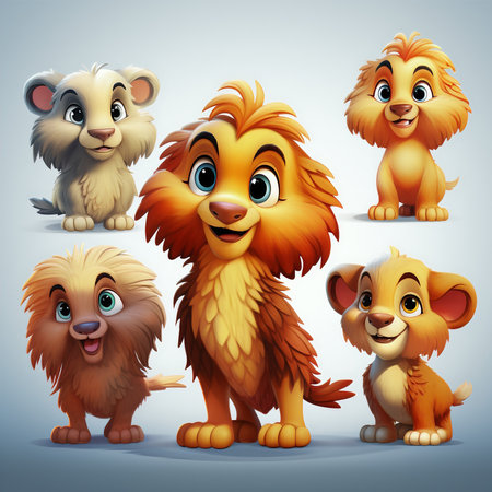 Cartoon lion family isolated on gray background. Vector illustration for your designの素材