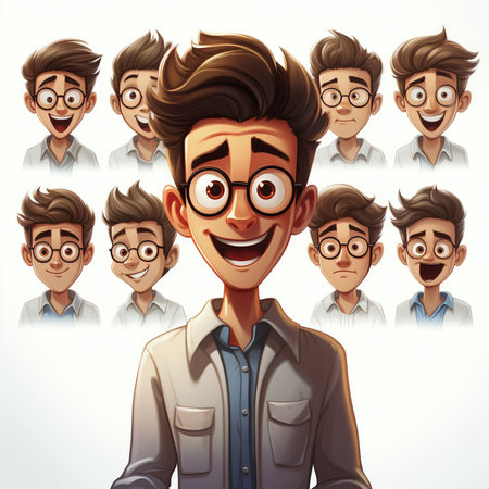 Vector illustration of a man with different facial expressions and hairstyle.の素材