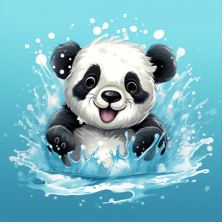 Cute panda swimming in the water with splash. Vector illustration.の素材