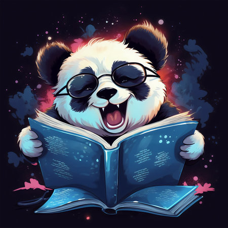 Cute panda with glasses reading a book. Vector illustration.の素材