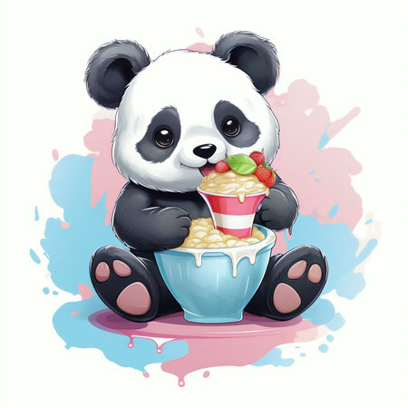 Cute panda with ice cream in a bowl. Vector illustration.の素材