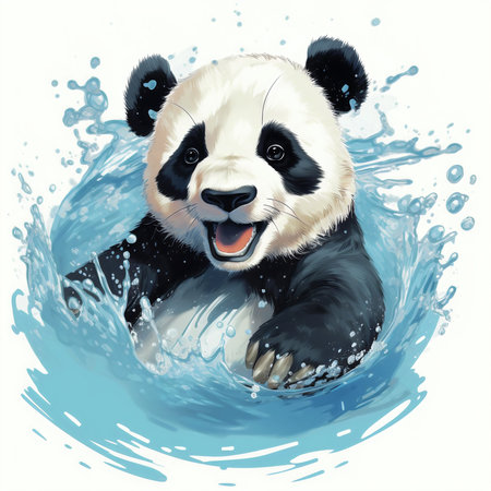 Panda swimming in the water with splashes. Vector illustration.の素材