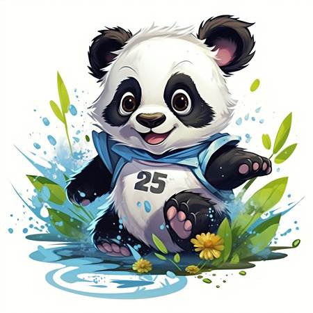 Cute cartoon panda sitting on the grass with flowers. Vector illustration.の素材