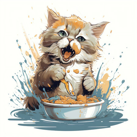 Funny cat eating cornflakes from a bowl. Vector illustration.の素材