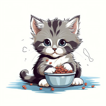 Cute kitten with a bowl of dog food. Vector illustration.の素材