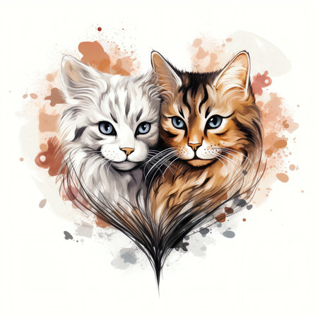 Two cats in love. Hand drawn watercolor illustration on white background.の素材