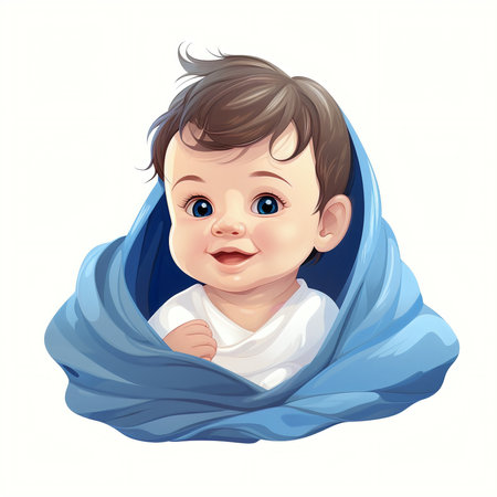 Cute baby boy wrapped in a blue blanket. Vector illustration.の素材
