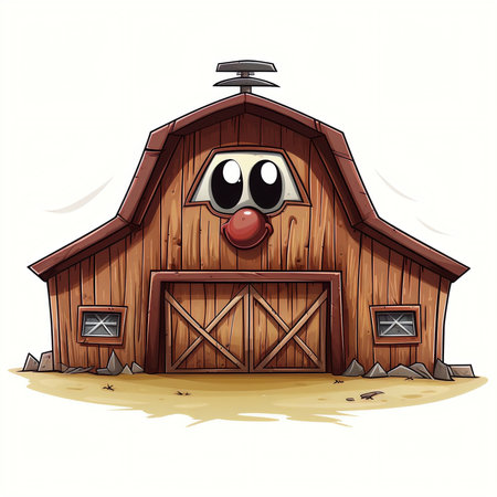 Cartoon barn with funny face. Vector illustration isolated on white background.の素材