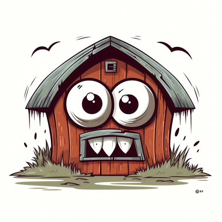 Funny cartoon barn with eyes, mouth and teeth. Vector illustration.の素材