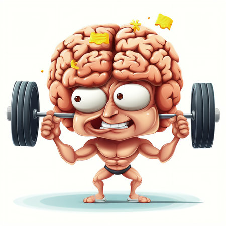 Cartoon brain character lifting a barbell. Vector illustration isolated on white background.の素材