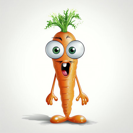 funny cartoon carrot with big eyes and green leaves, vector illustrationの素材