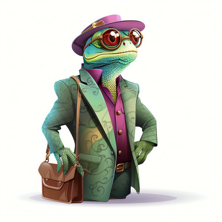 Cartoon lizard in a hat and sunglasses with a briefcase.の素材