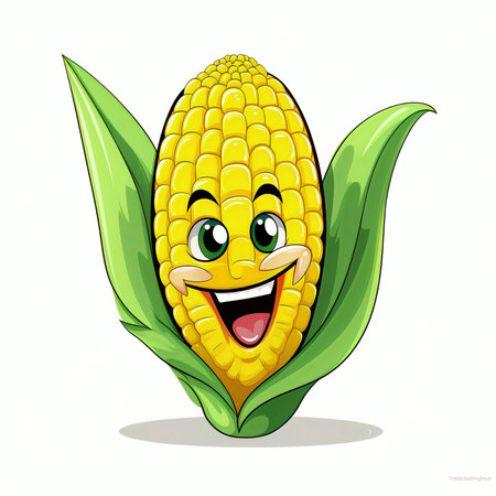 Cute corncob cartoon character on white background. Vector illustration.の素材