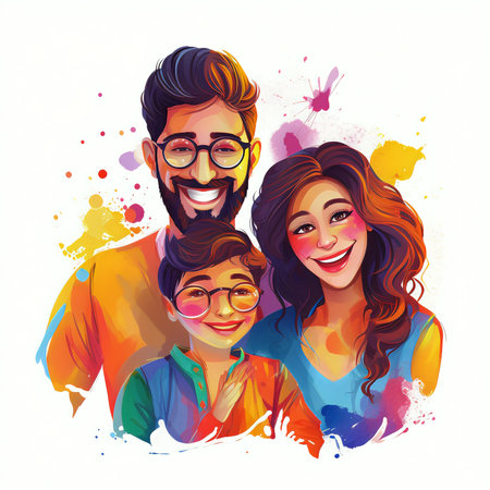 Portrait of a happy family with colorful watercolor splashes. Vector illustration.の素材