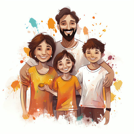 Happy family with kids in colorful paint splashes. Vector illustration.の素材