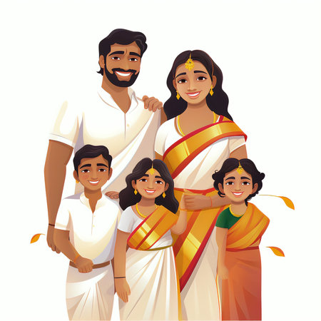 Indian family in traditional clothes. Vector illustration of happy Indian family.の素材