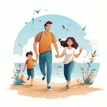 Happy family walking in the park. Mother, father and son. Vector illustration.の素材