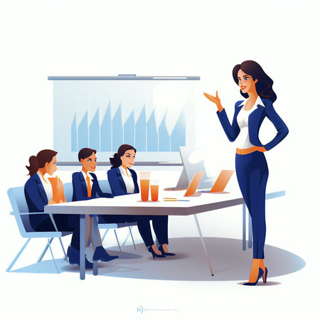 Vector illustration of a businesswoman in a conference room with colleagues.の素材