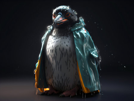penguin in a raincoat and a cape on a black backgroundの素材
