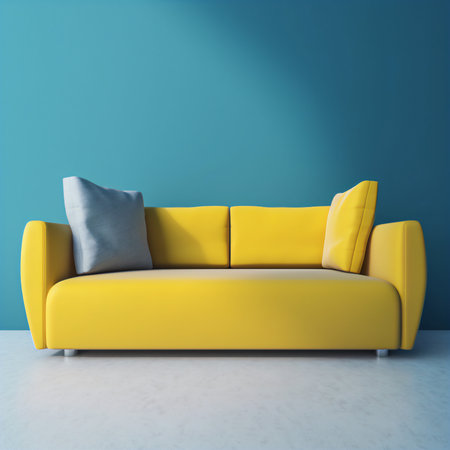 Yellow sofa in blue wall room. 3d render illustration mock upの素材