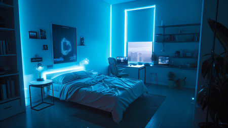 Interior of a modern bedroom with blue neon lights and a bedの素材