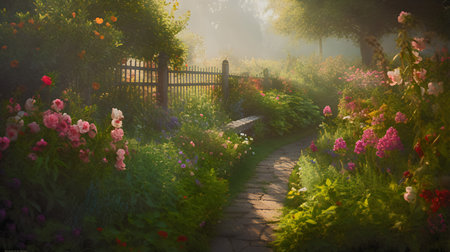 Foggy garden with flowers in the morning light. Panoramaの素材
