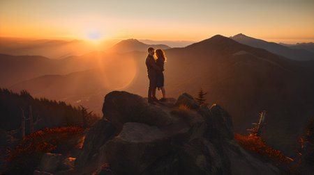 Silhouette of a loving couple standing on the top of a mountain and looking at the sunsetの素材