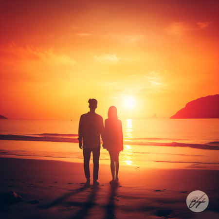 Couple walking on the beach at sunset. Love and romance concept.の素材