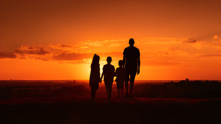 Silhouette of a family on the sunset background. Selective focus.の素材
