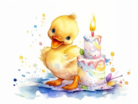 Cute duckling with candle. Watercolor illustration on white backgroundの素材