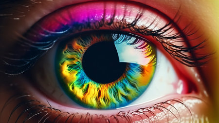 Close-up of a beautiful female eye with rainbow iris.の素材