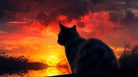 Beautiful cat on the background of the sun and the river.の素材