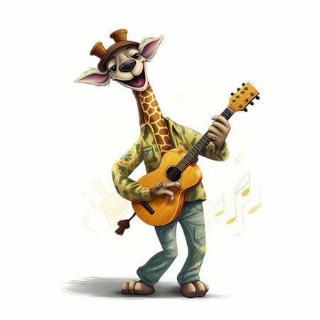 giraffe with guitar and notes on white background - 3d illustrationの素材