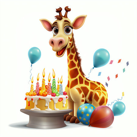 Vector illustration of Cartoon giraffe with birthday cake and balloons isolated on white backgroundの素材