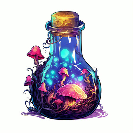 Magic potion in a bottle. Vector illustration of magic potion with mushrooms.の素材