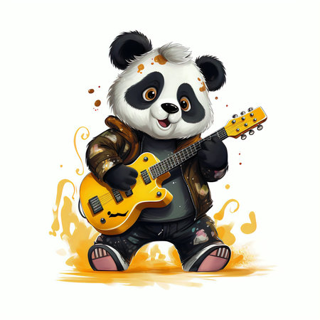 Panda playing guitar. Cute panda with a guitar. Vector illustration.の素材