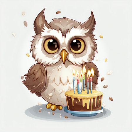 Cute cartoon owl with birthday cake and candles. Vector illustration.の素材