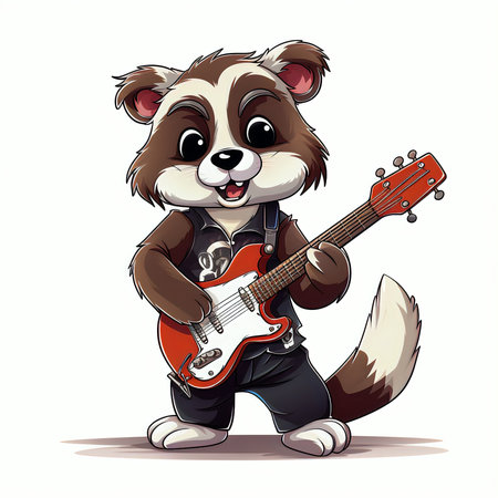 Illustration of a cute cartoon hamster playing an electric guitar.の素材
