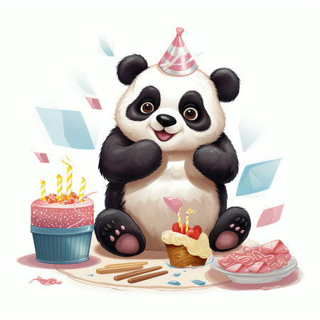 Birthday party with cute panda bear and cake. Vector illustration.の素材