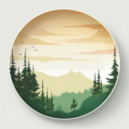 Vector illustration of a mountain landscape with coniferous forest and sunset.の素材