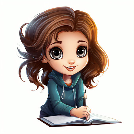 Cute little girl writing in a notebook. Vector illustration isolated on white background.の素材