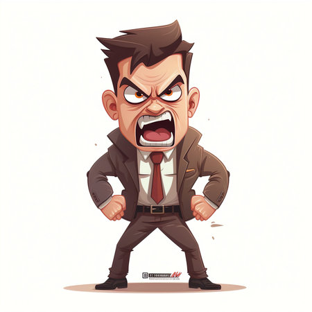 Angry cartoon man in a brown jacket. Vector illustration isolated on white background.の素材