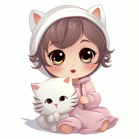 Cute little girl with white cat on white background. Vector illustration.の素材