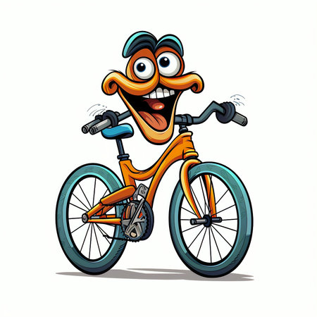 Cartoon funny man rides a bicycle. Vector illustration isolated on white background.の素材