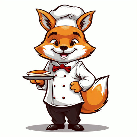 Cute cartoon fox chef holding a plate of pancakes. Vector illustration.の素材